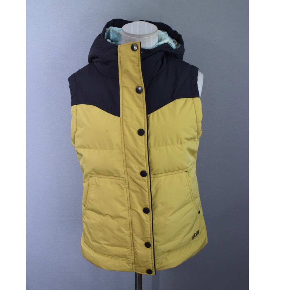 Stio Woodson Down Vest Medium Yellow Gray Hooded Puffer Womens Western Yoke